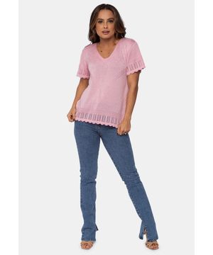 Tricô Blusa Manga Curta Pink Tricot  Decote V com Trabalhados em Flores Feminina