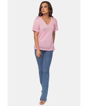 Tricô Blusa Manga Curta Pink Tricot  Decote V com Trabalhados em Flores Feminina