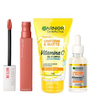 Garnier + Maybelline Kit – Gel de Limpeza Facial + Sérum Facial + Batom Líquido SuperStay Matte Ink