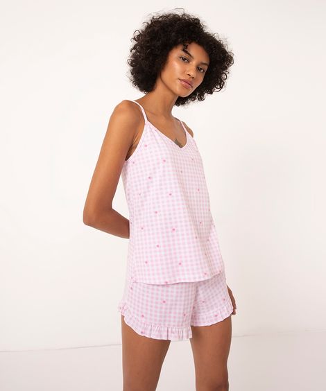 short doll de algodão xadrez floral rosa claro