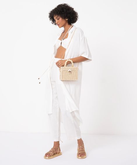 vestido chemise midi manga curta off white