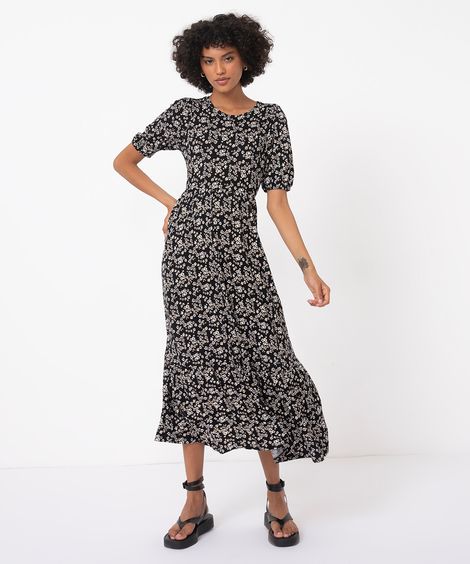 vestido midi floral manga curta preto