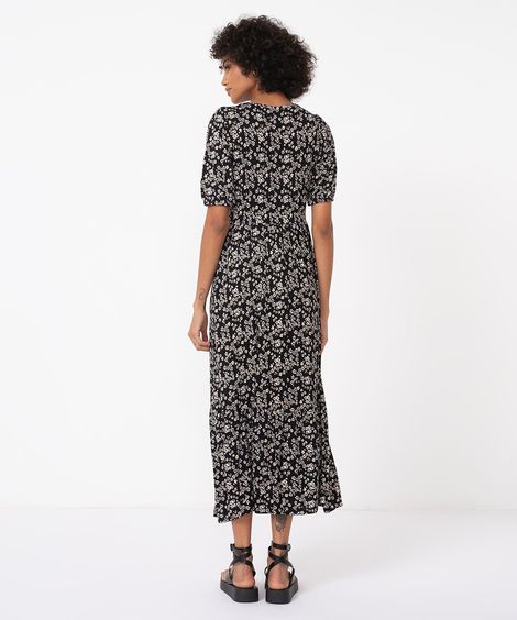 vestido midi floral manga curta preto