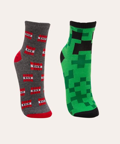 kit de 2 meias infantis cano médio minecraft colorida