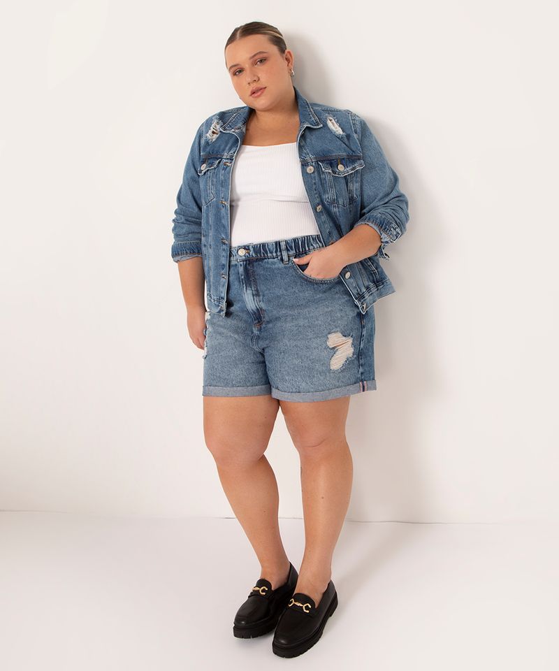 calça mom jeans plus size destroyed azul médio azul médio - C&A