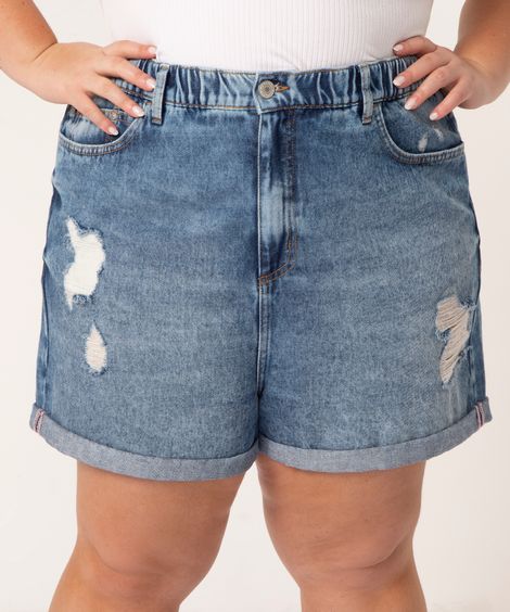 short mom jeans plus size destroyed cintura super alta azul