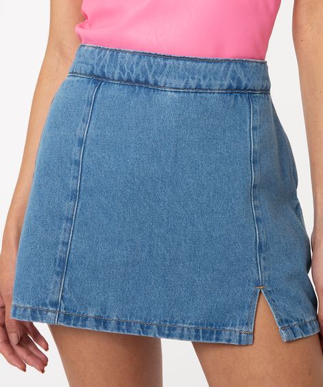 short saia jeans cintura super alta azul medio
