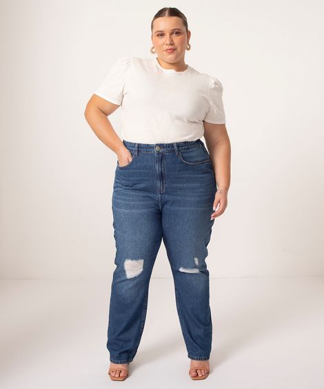 calça plus size jeans mom destroyed cintura super alta azul escuro azul escuro