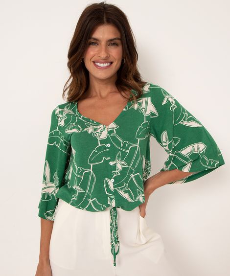 blusa com amarração bananeira manga curta ampla decote v verde