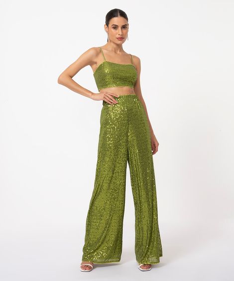 calça pantalona de paetê verde