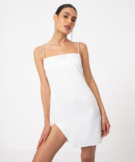vestido curto acetinado alças de strass off white