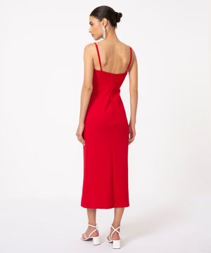 vestido midi com fenda decote reto alça fina vermelho