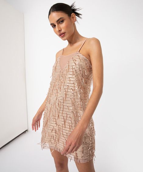 vestido curto de paetê alça fina franja dourado