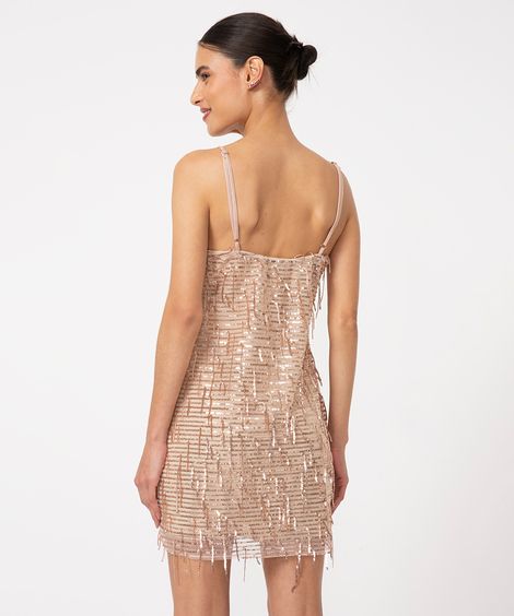 vestido curto de paetê alça fina franja dourado