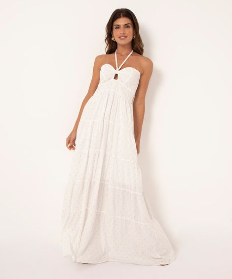 vestido longo com lurex e amarração off white