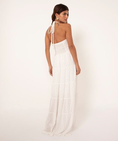 vestido longo com lurex e amarração off white