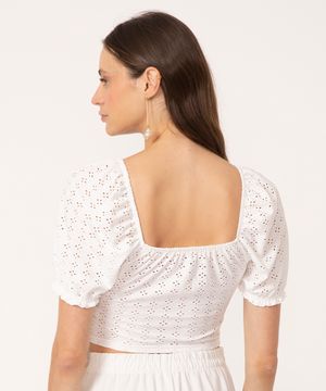 blusa cropped de laise manga bufante off white