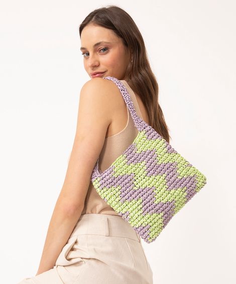 bolsa shoulder crochê de palha multicor