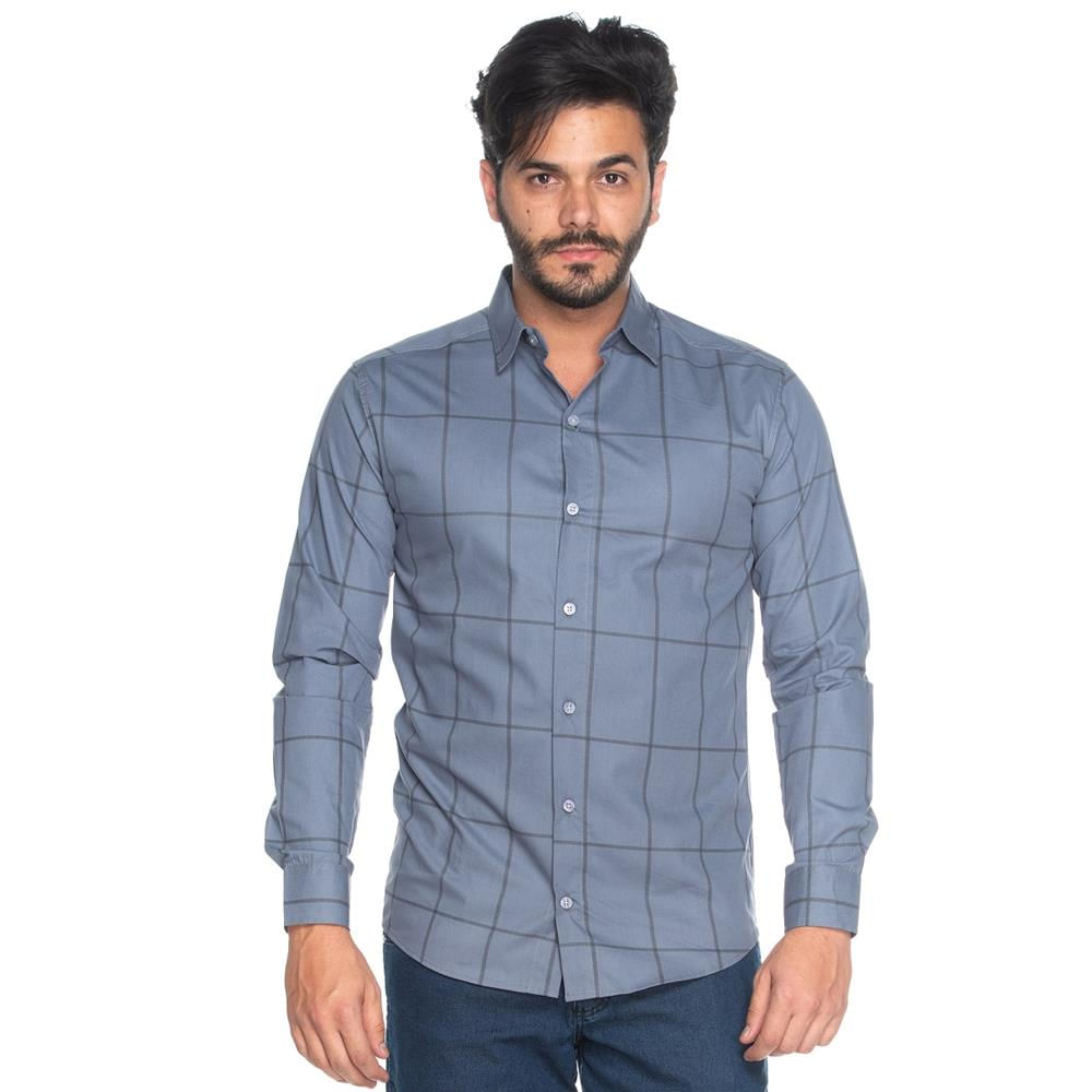 camisa masculina plus size algodão xadrez manga longa casual teodoro  camisaria azul - C&A