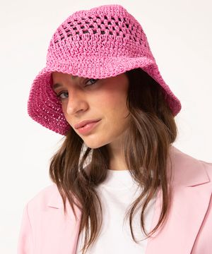 chapéu bucket crochê palha rosa