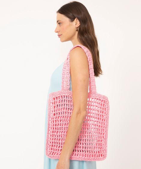 bolsa crochê de palha rosa