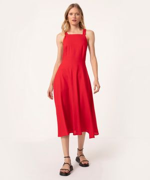 vestido midi decote reto alça franzida vermelho