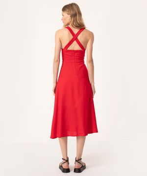 vestido midi decote reto alça franzida vermelho