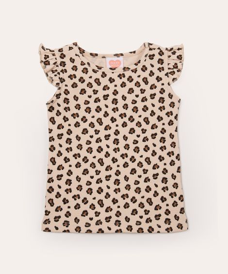 blusa infantil manga fru fru animal print marrom