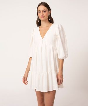 vestido curto de laise manga bufante off white