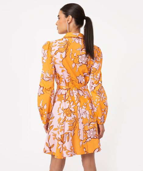 vestido chemise curto floral com cinto laranja