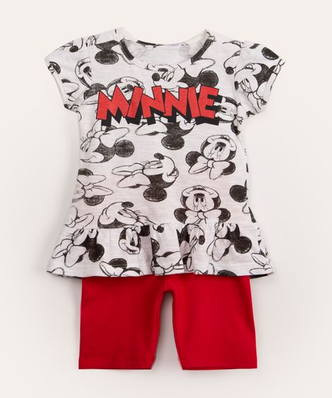 conjunto infantil de algodão manga curta minnie mouse off white