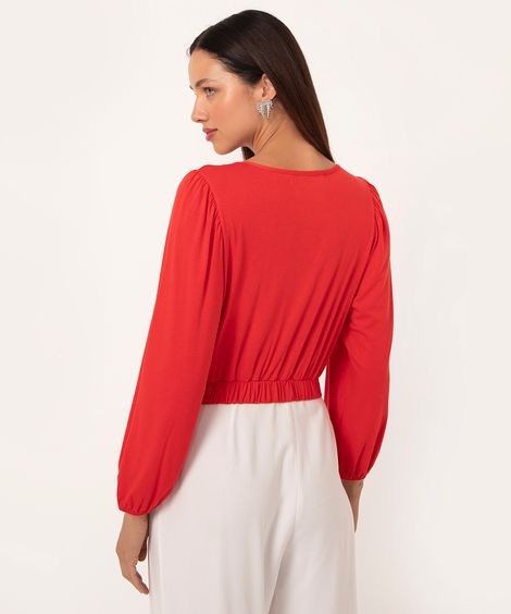 blusa texturizada cropped decote v manga longa vermelho