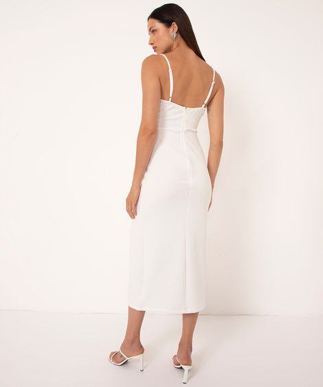 vestido midi com fenda decote reto alça fina off white