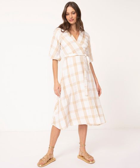 vestido midi xadrez transpassado manga bufante bege