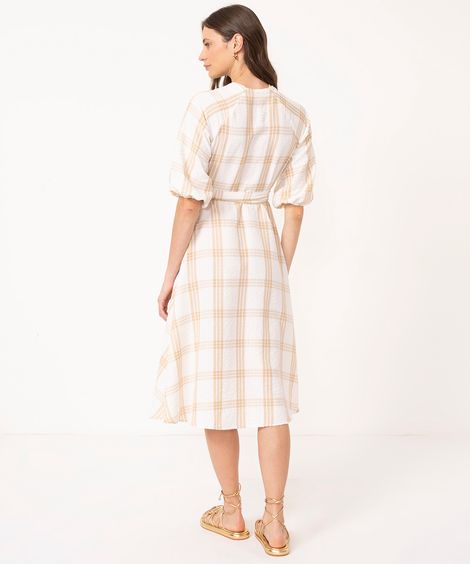 vestido midi xadrez transpassado manga bufante bege