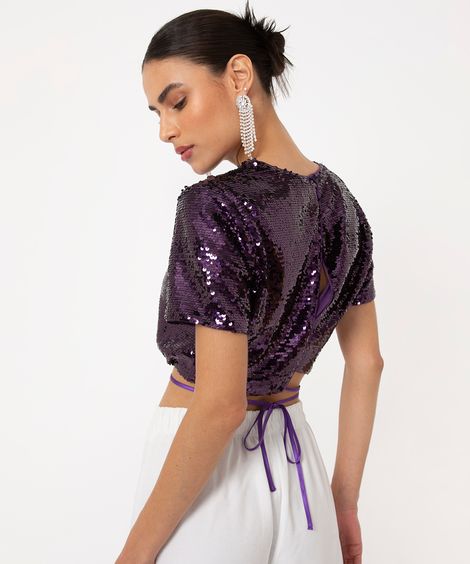 blusa cropped de paetê manga curta com amarração roxa