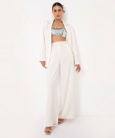 calça wide leg alfaiataria de cetim off white