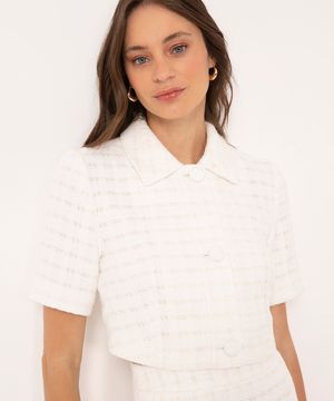 blazer cropped de tweed  manga curta com lurex off white