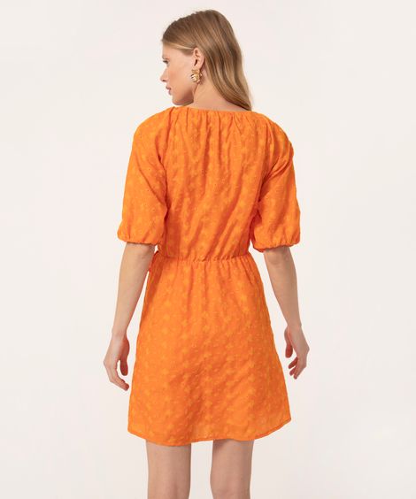 vestido de laise curto decote v transpassado laranja