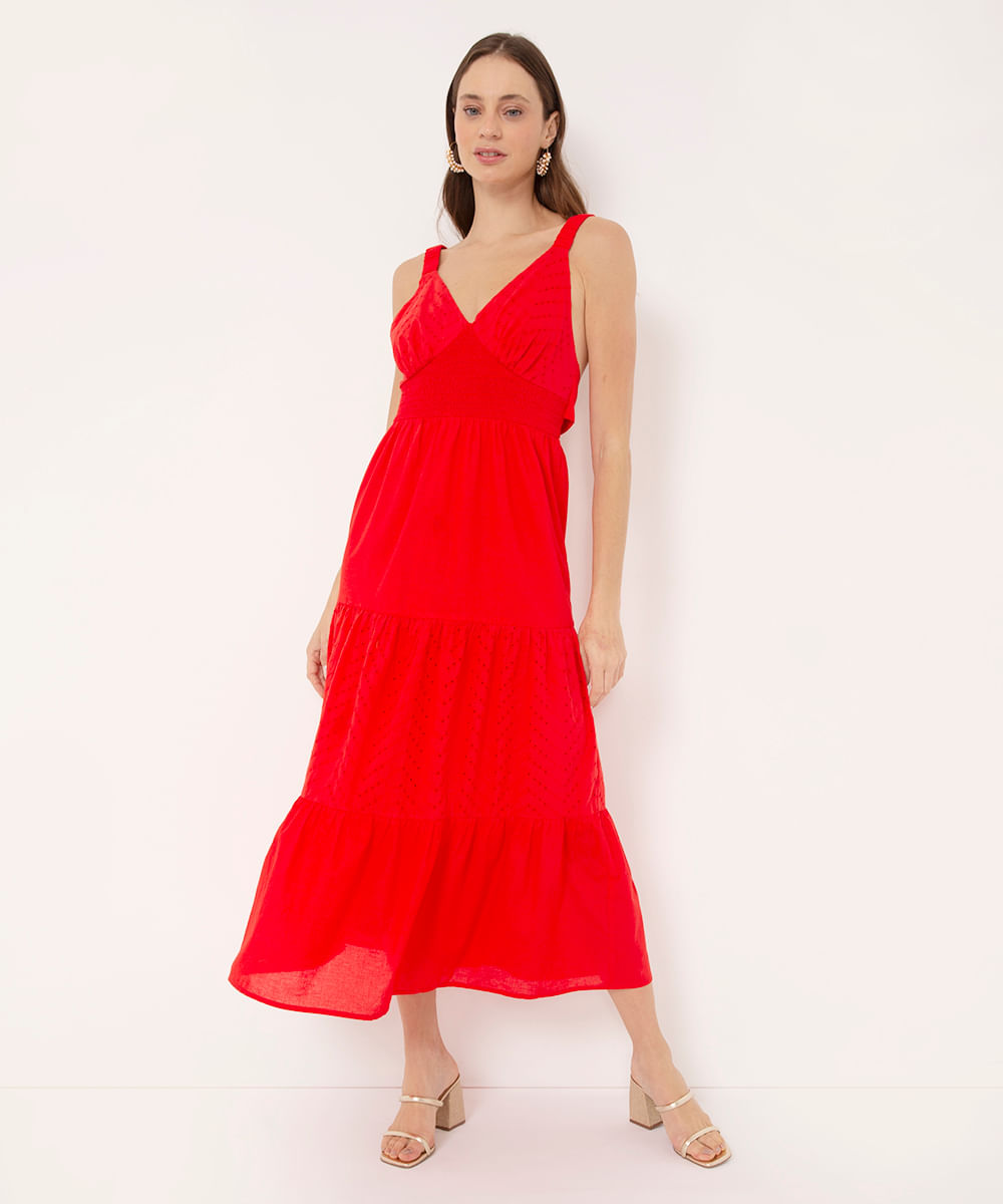vestido longo de laise com recortes decote v vermelho - C&A