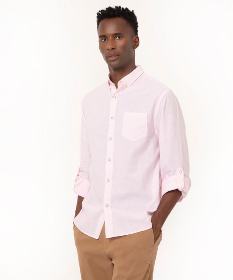 camisa com linho e bolso manga longa rosa claro