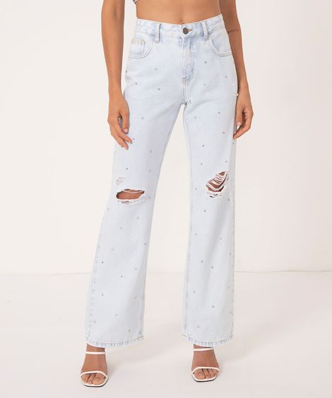 calça jeans wide slim brilho cintura média azul claro