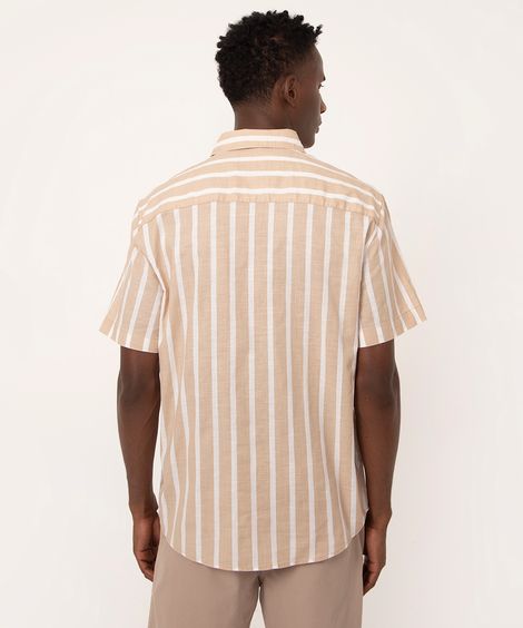 camisa de algodão listrada manga curta bege