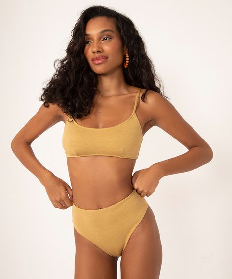 biquíni tanga hot pant com lurex proteção uv50 dourada