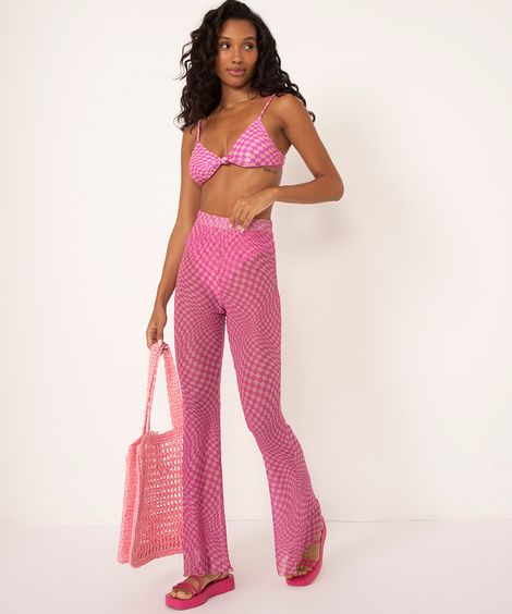 calça flare de tule quadriculada rosa