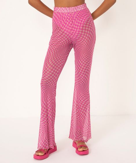 calça flare de tule quadriculada rosa