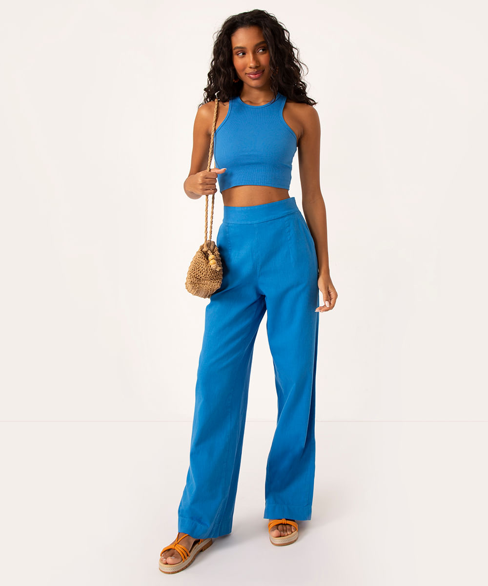 regata cropped cavada canelada azul