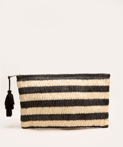 bolsa clutch de palha com tassel preto