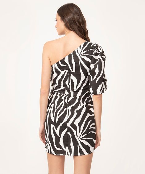 vestido mini ombro só manga bufante animal print preto