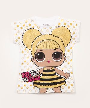 blusa infantil manga curta lol surprise com glitter off white